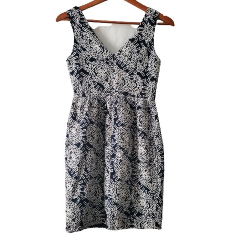 Shoshanna Women's Blue & White Geo Print Shear Floral Lace Mini Dress Size 0/ XS - Picture 4 of 14